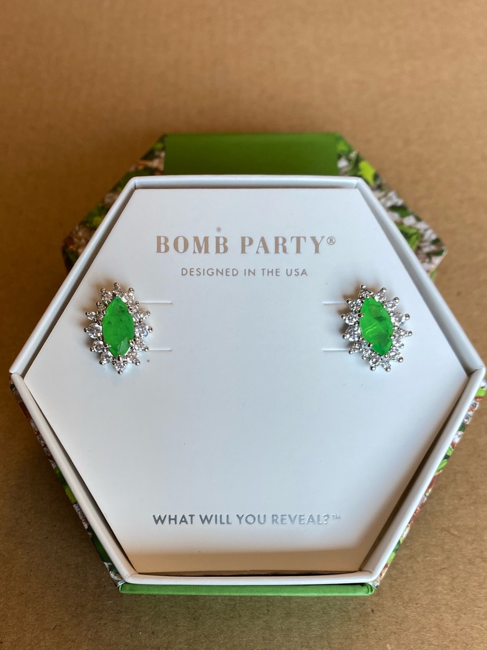 NWT Bomb Party August 2023 - Green Crystal Marquise Halo Stud Earrings RBP6354
